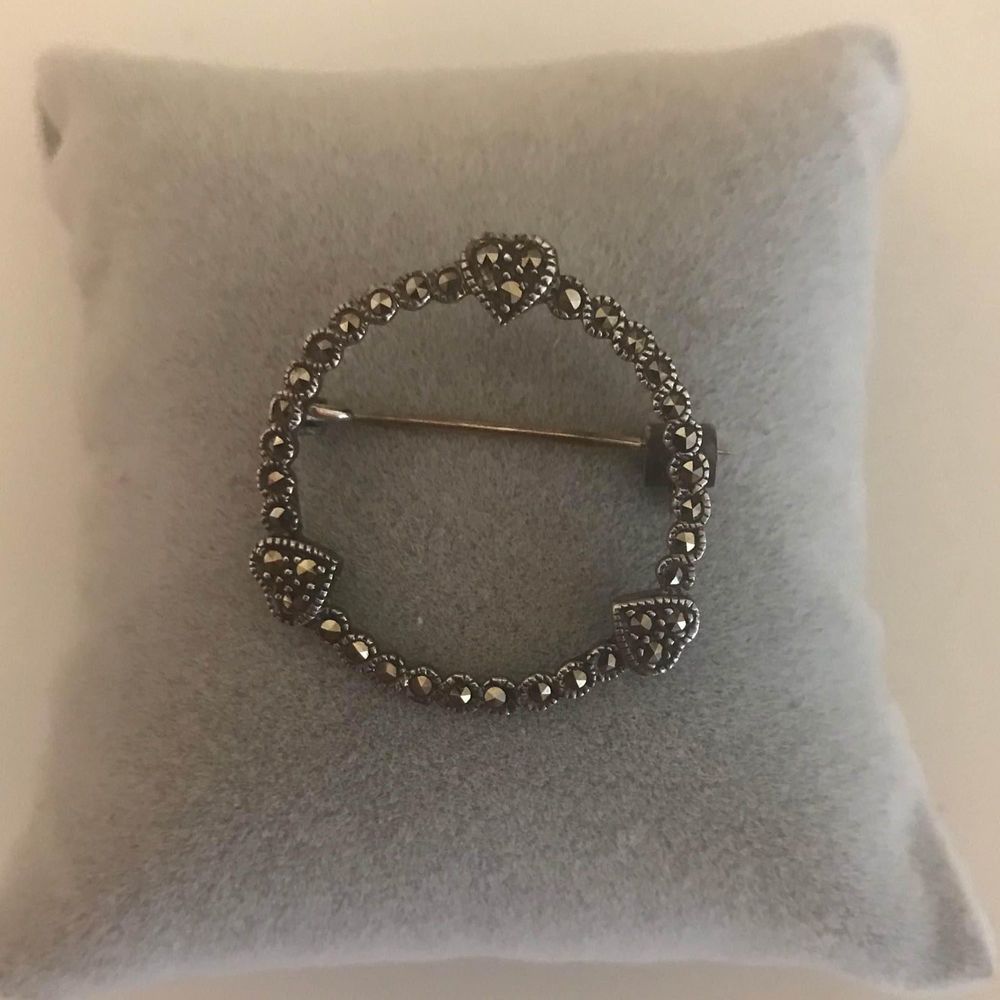 STERLING (.925) SILVER marcasite  BROOCH-PIN, HEART AND BEADS  circle